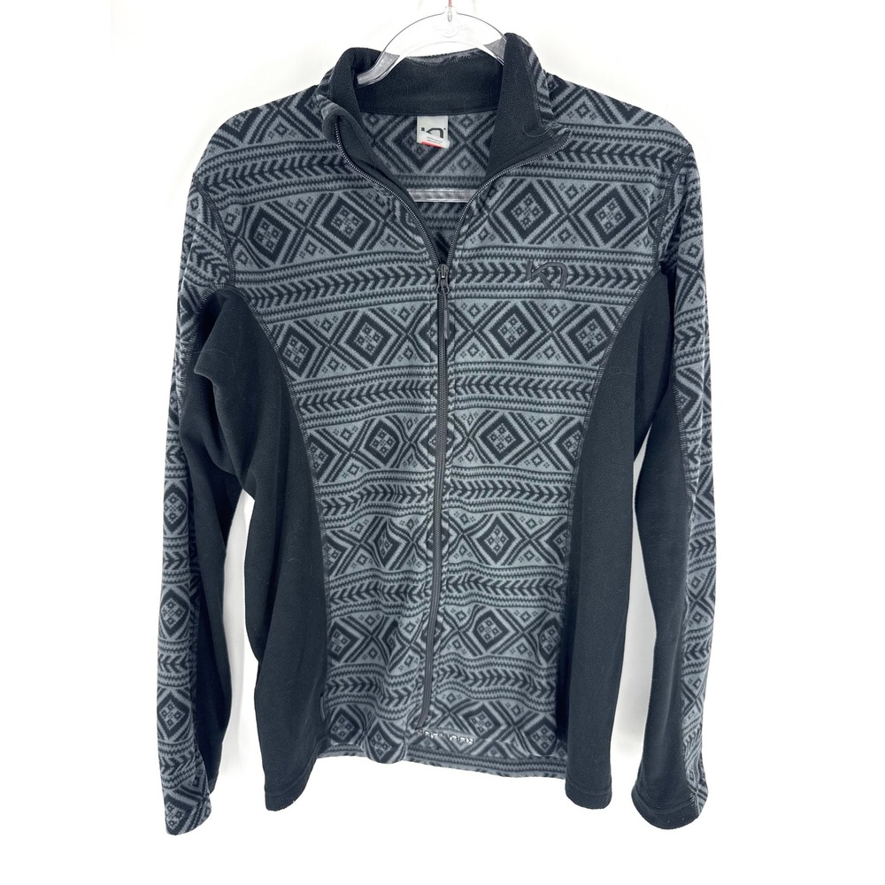 Kari Traa Rothe Full Zip Fleece Jacket Black Grey Geometric Fair Isle XL 622061